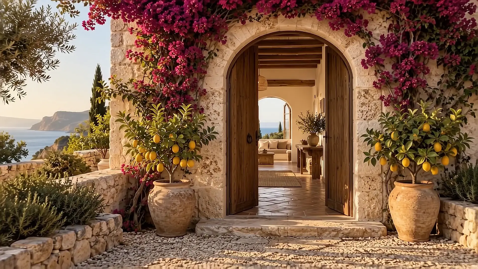 The arched front door of the villa, open, framed by bougainvillea and potted lemon trees, with the sea behind