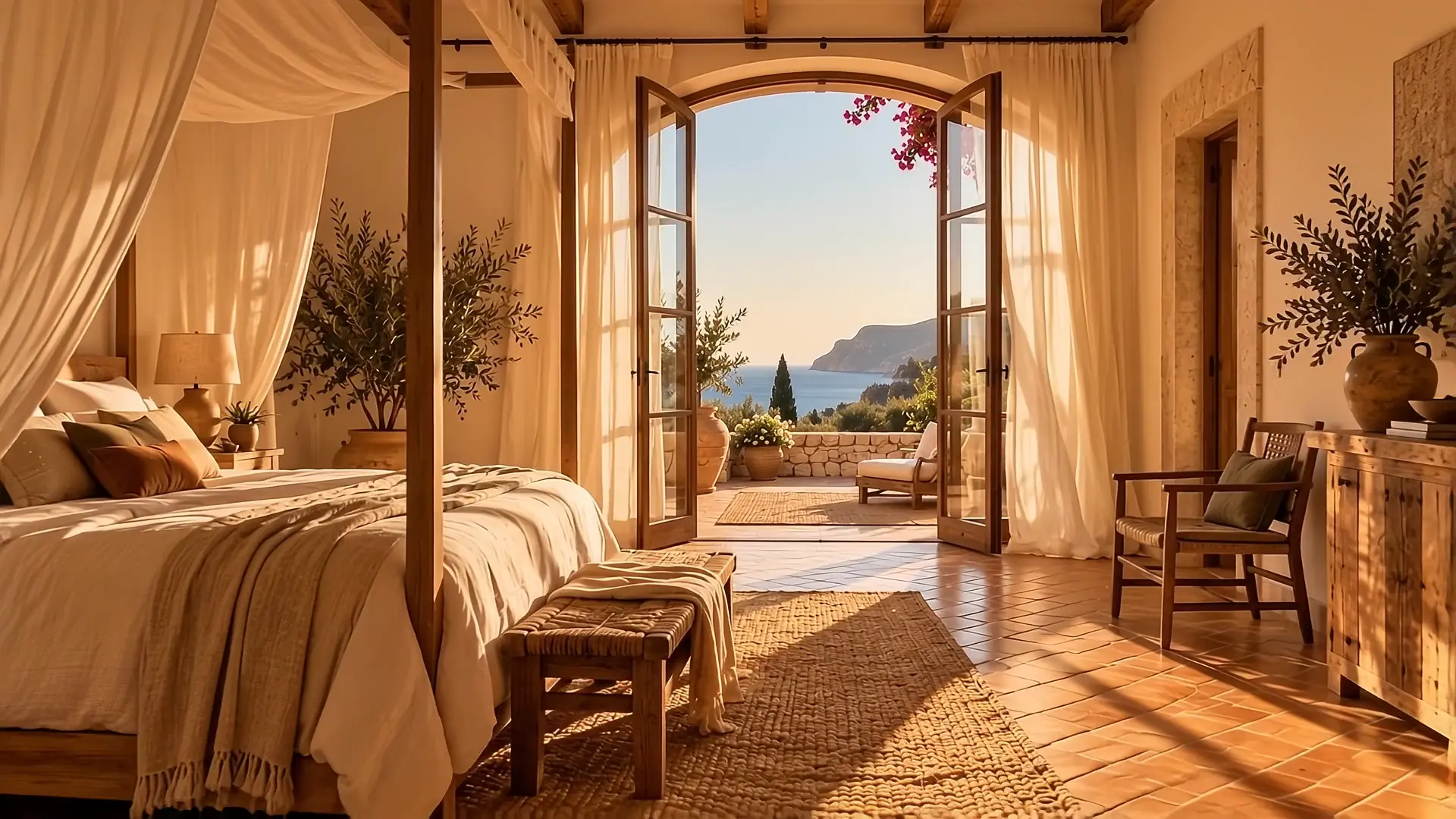 From the main bedroom, through the open French windows, onto the terrace at sunset, with an old olive tree above the sea
